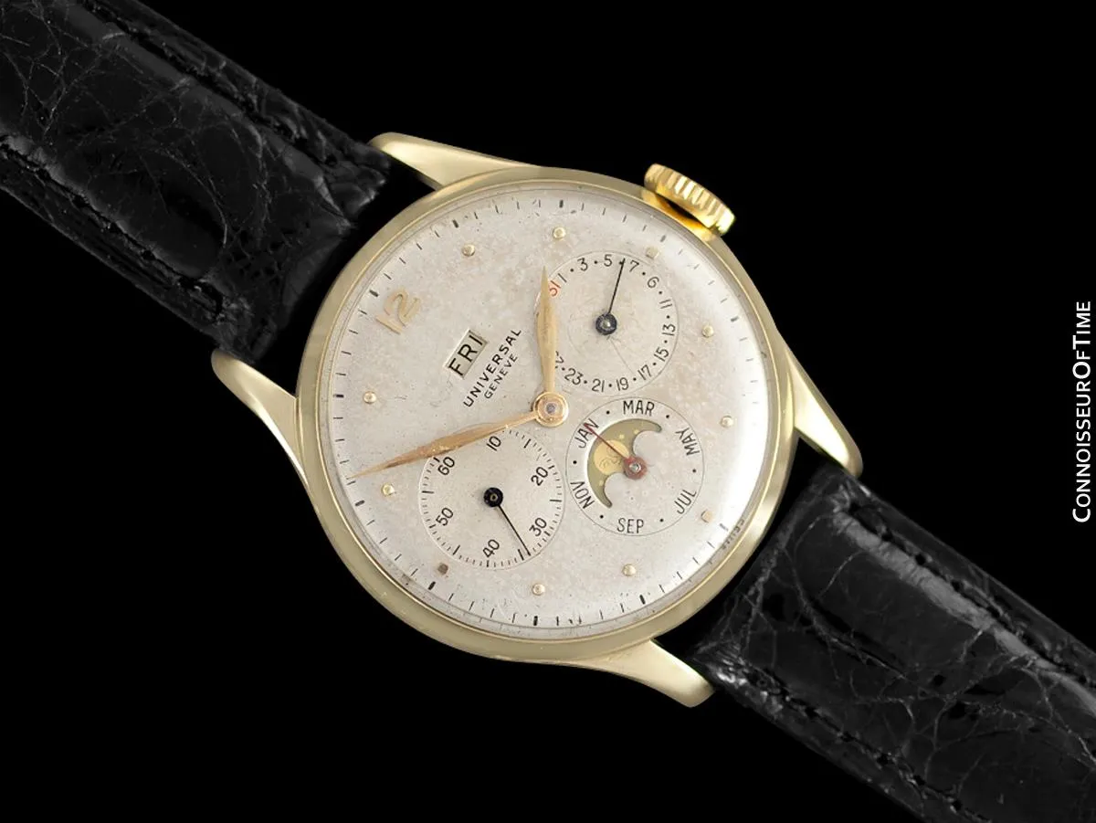 1948 Universal Geneve Vintage Mens Triple Date Moon Phase Calendar Watch - 14K Gold