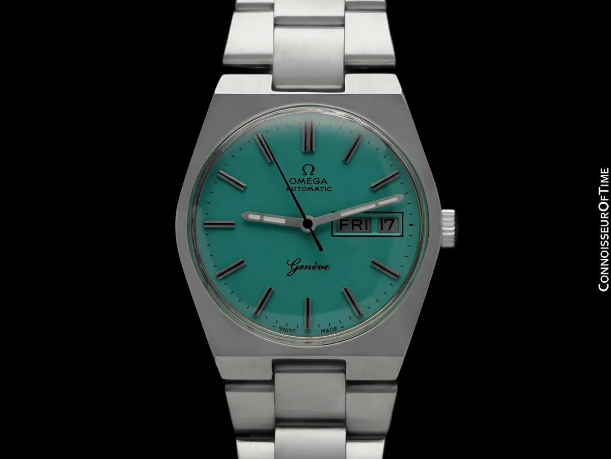 1972 Omega Geneve Vintage Retro Automatic Day Date Mens Tiffany Blue Dial Watch - Stainless Steel