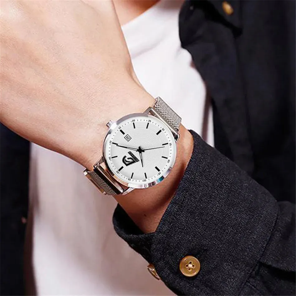 2023 Fashion Mens Minimalist Watches Ultra Thin Magnet Buckle Watch Men Business Stainless Steel Mesh Belt Quartz Wristwatch