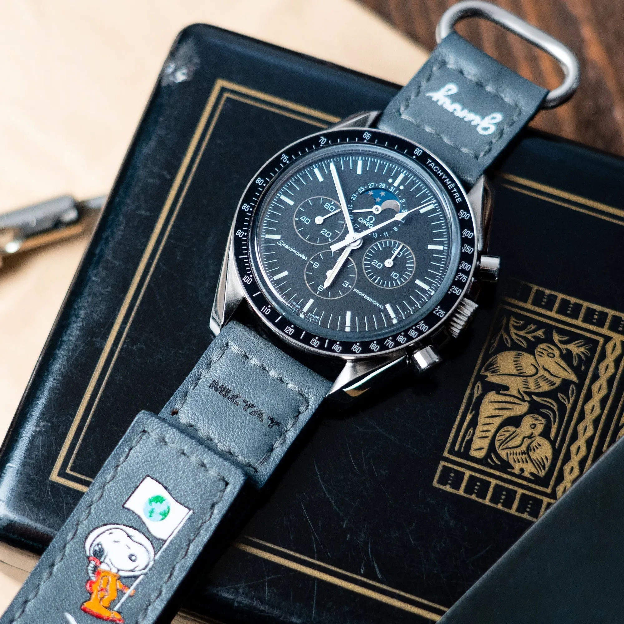 20mm Grey Gunny X MT Moonswatch Q.R. Velcro Leather Watch Strap - Minimalist Snoopy