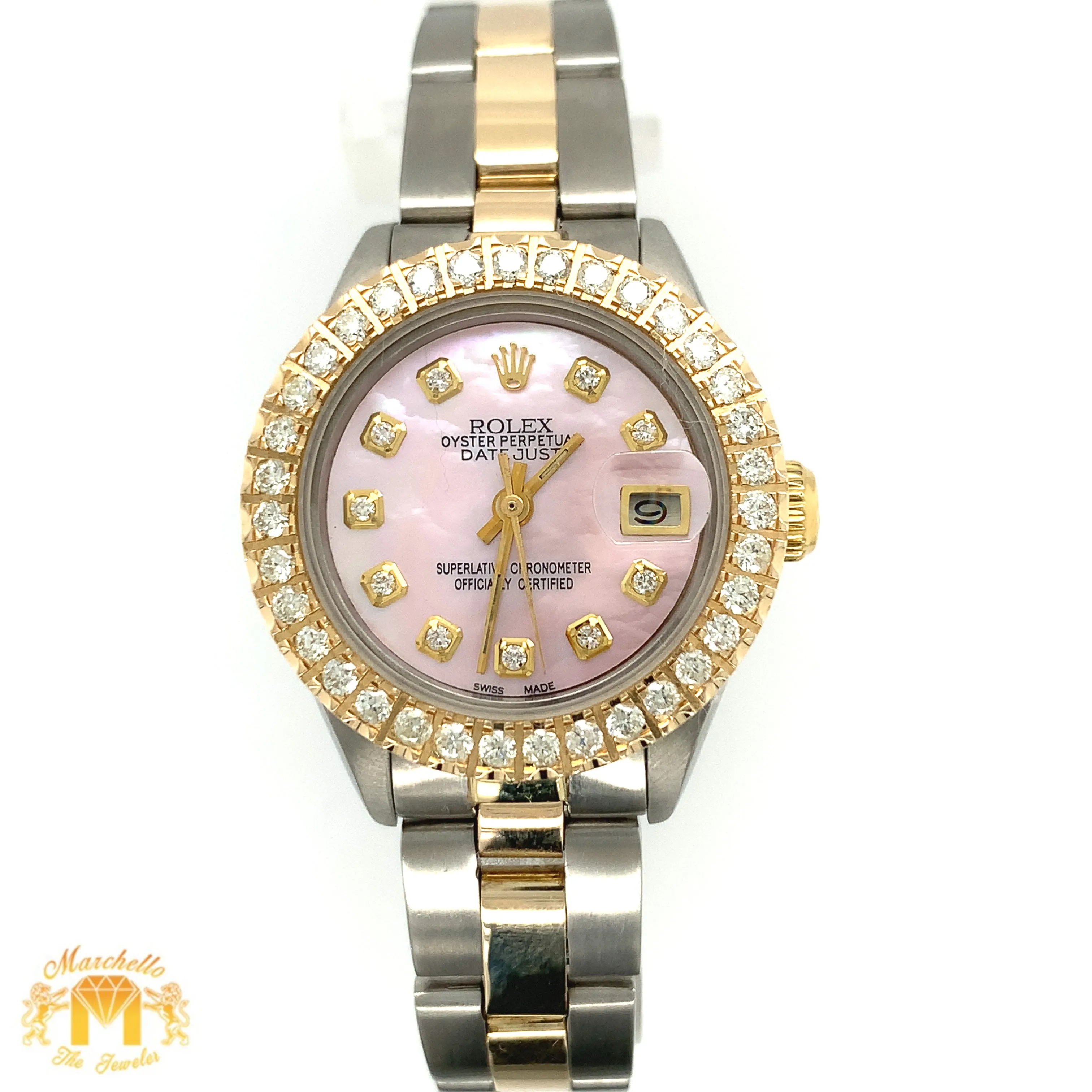 26mm Ladies’ Rolex Datejust Diamond Watch with Two-tone Oyster Bracelet (custom pink mother of pearl diamond dial)