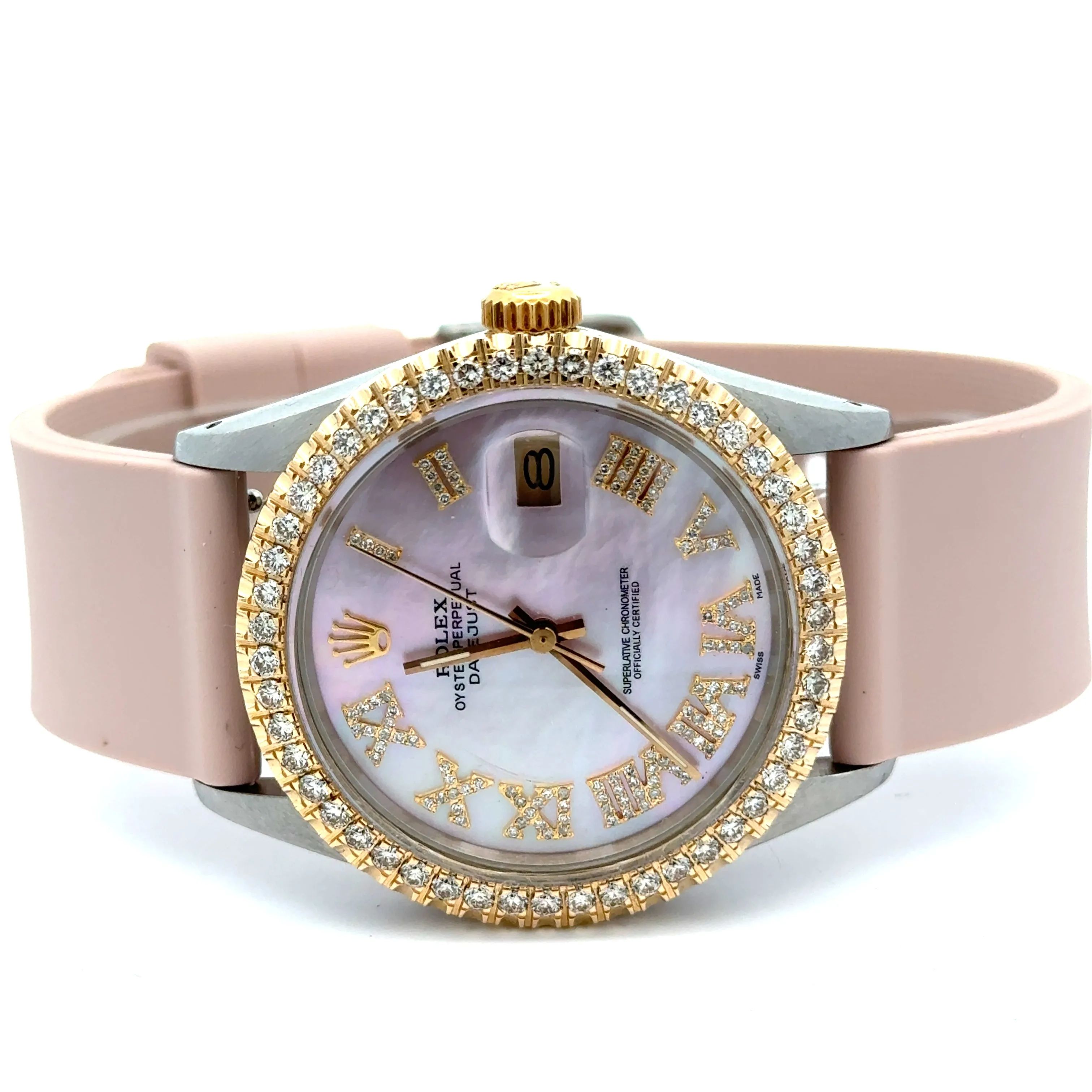 36mm Rolex Datejust Diamond Watch with Pink Rubber Band (diamond bezel, mother of pearl (MOP) diamond dial)