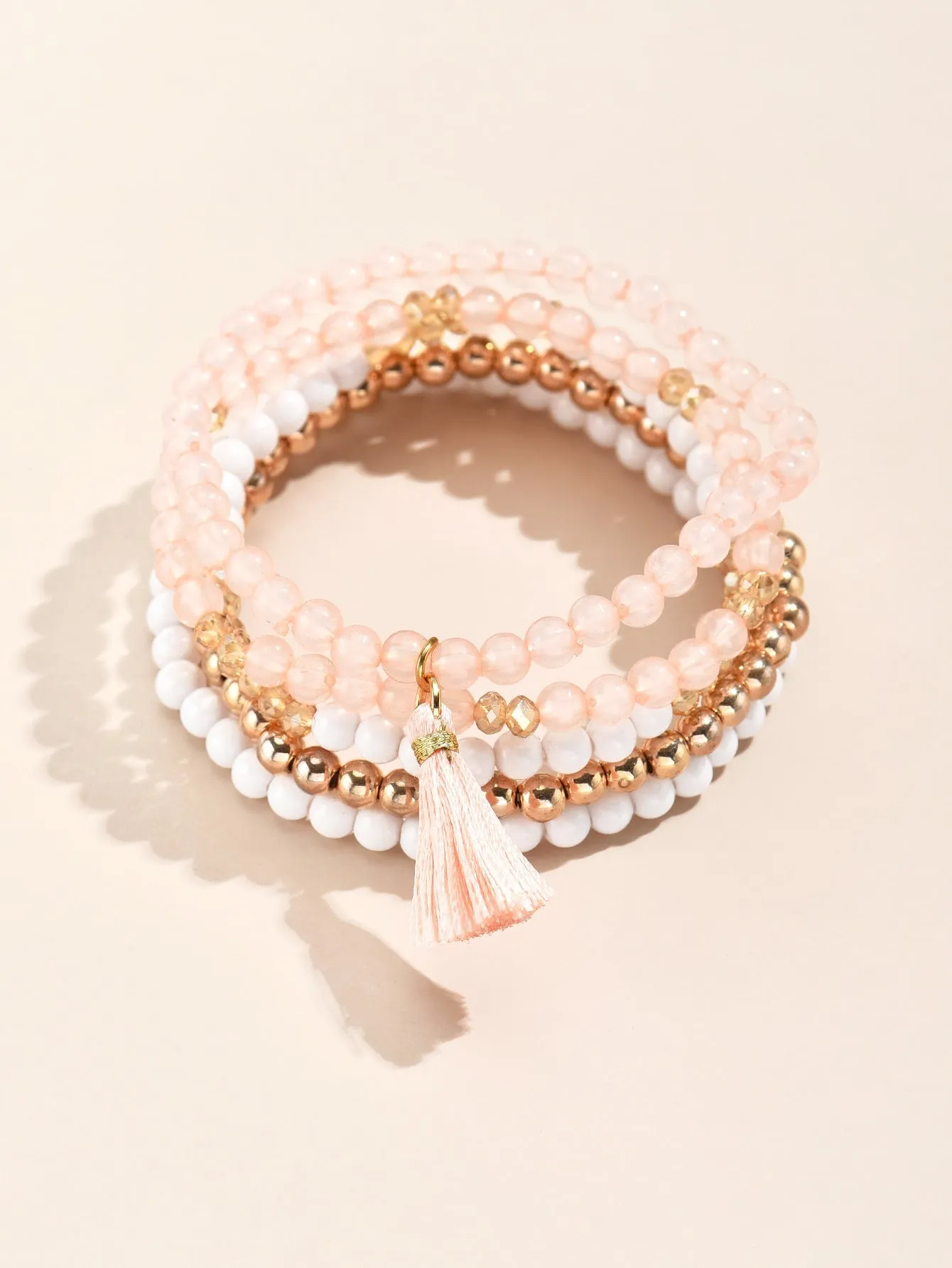 5pcs Tassel Charm White Peach Beaded Bracelet for Women Crafted Jewelry