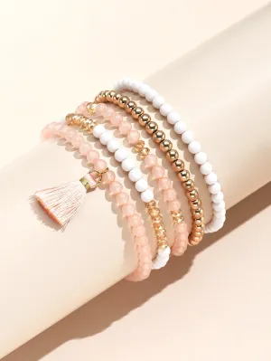 5pcs Tassel Charm White Peach Beaded Bracelet for Women Crafted Jewelry