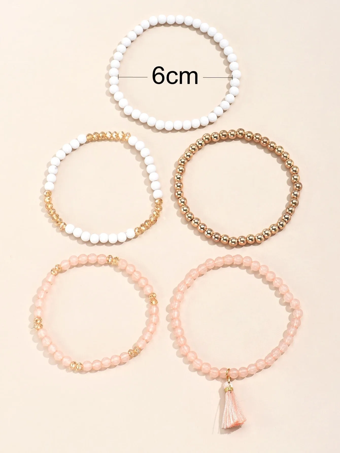5pcs Tassel Charm White Peach Beaded Bracelet for Women Crafted Jewelry