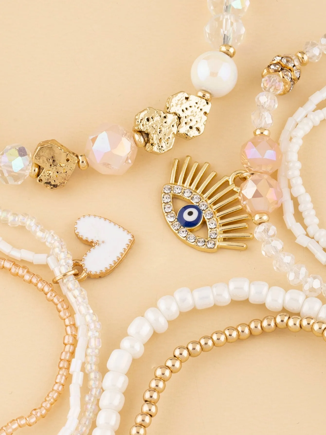 8pcs/set Rhinestone Eye & Heart Charm White Beaded Bracelet Women Bracelet