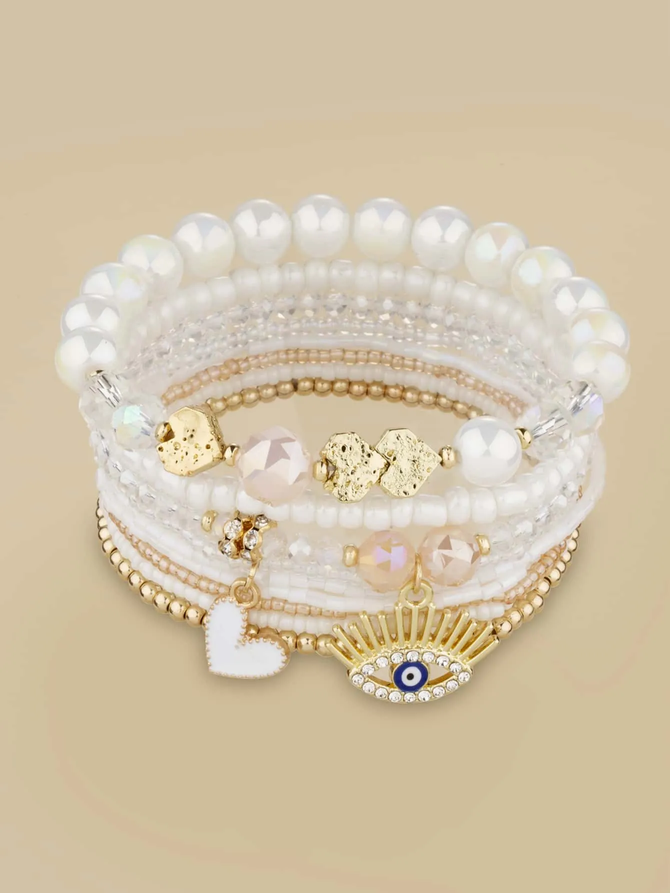 8pcs/set Rhinestone Eye & Heart Charm White Beaded Bracelet Women Bracelet