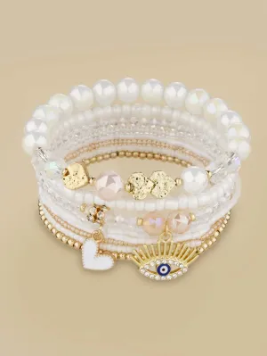 8pcs/set Rhinestone Eye & Heart Charm White Beaded Bracelet Women Bracelet
