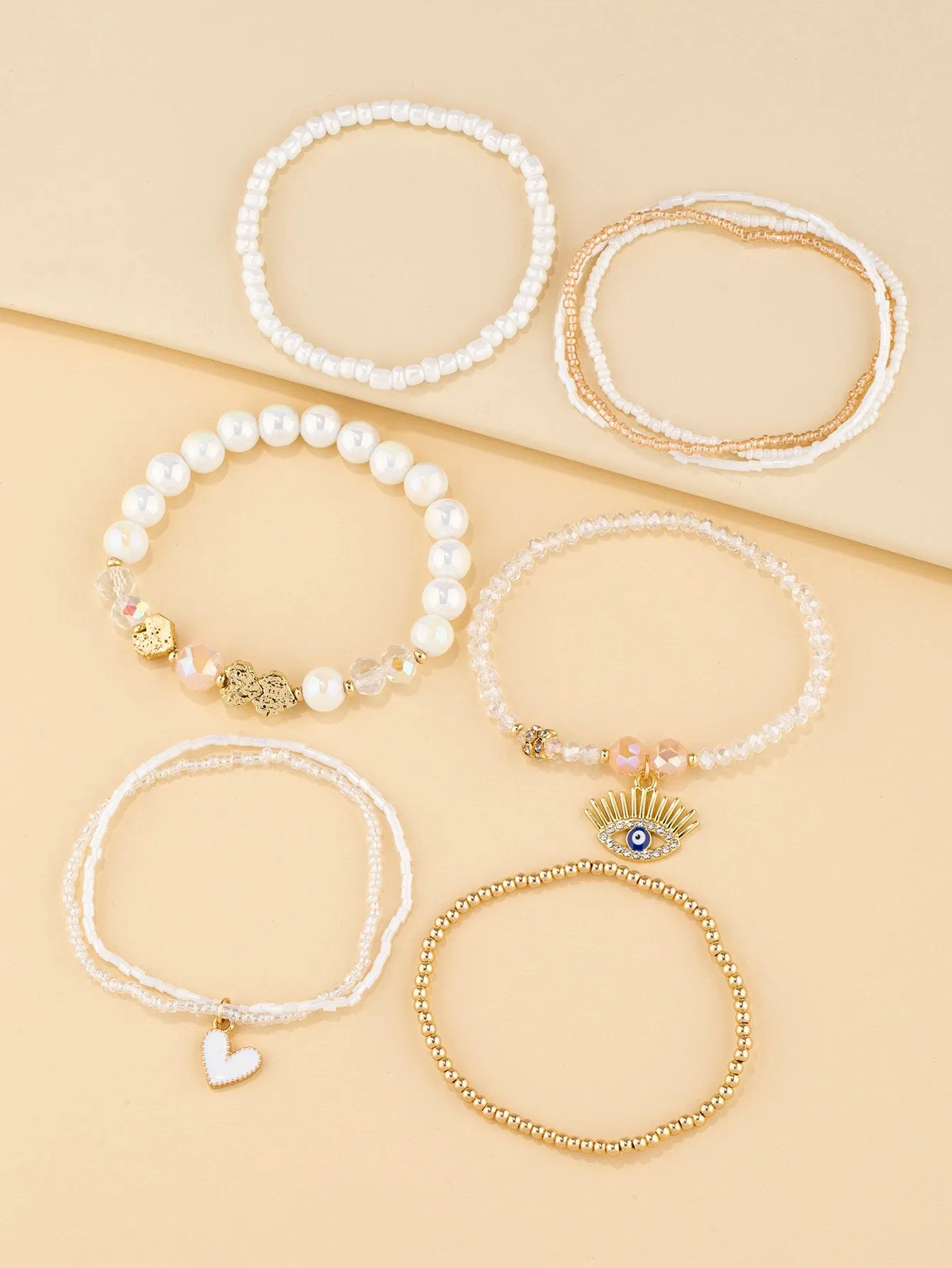 8pcs/set Rhinestone Eye & Heart Charm White Beaded Bracelet Women Bracelet