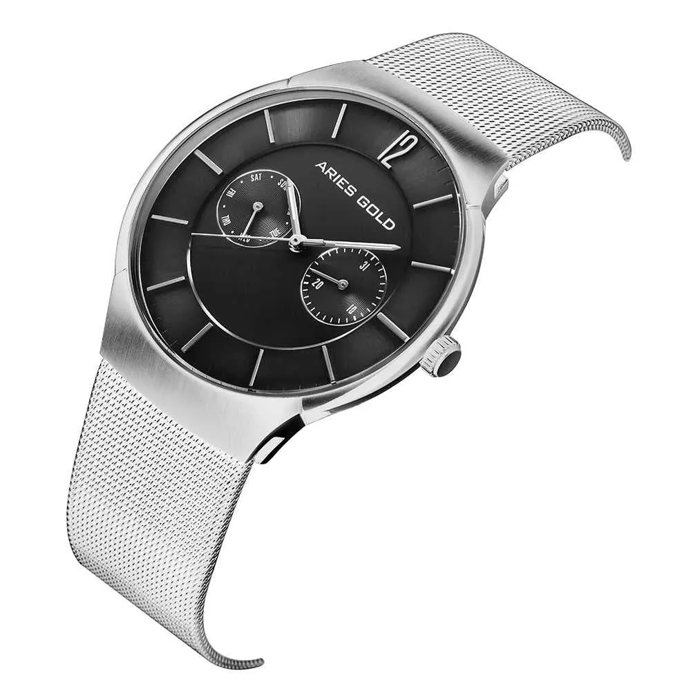 ARIES GOLD MULTIFUNCTION QUARTZ STAINLESS STEEL TRAVELLER G 1016Z S-BK MEN'S WATCH