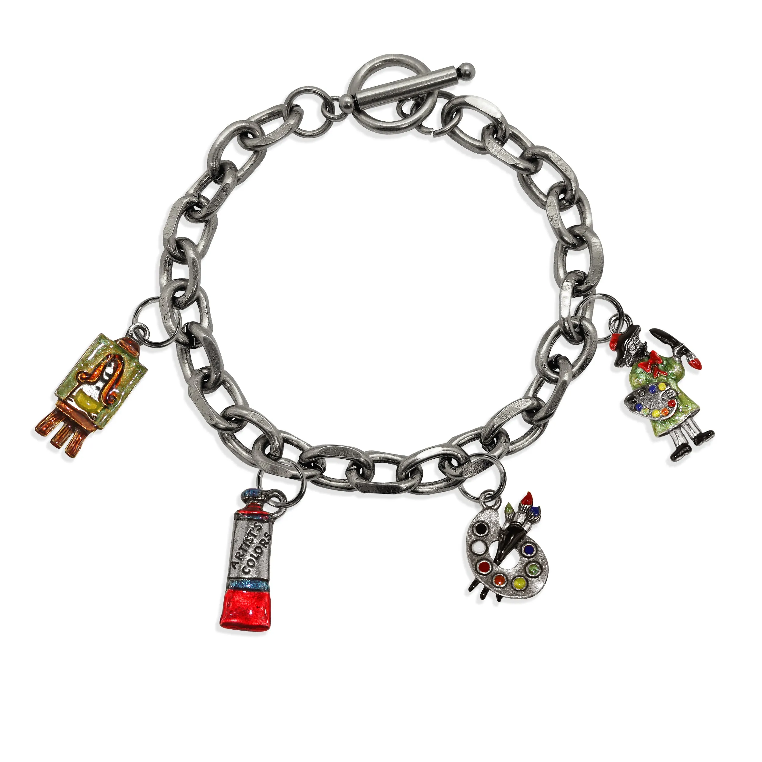 Artist Toggle Charm Bracelet | 4 Handpainted Charms | Antique Gold or Antique Silver Finish