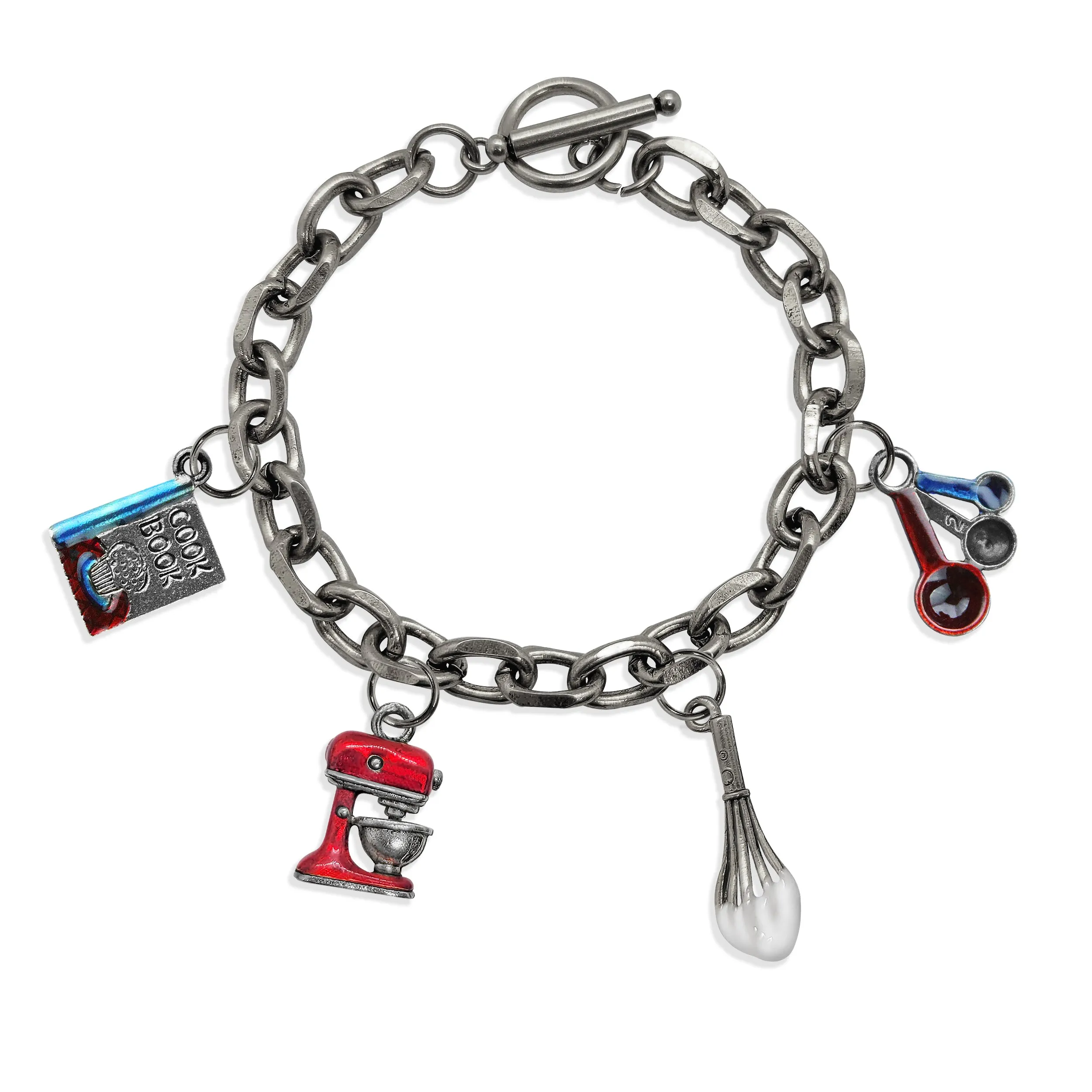 Baking Toggle Charm Bracelet | 4 Handpainted Charms | Antique Gold or Antique Silver Finish