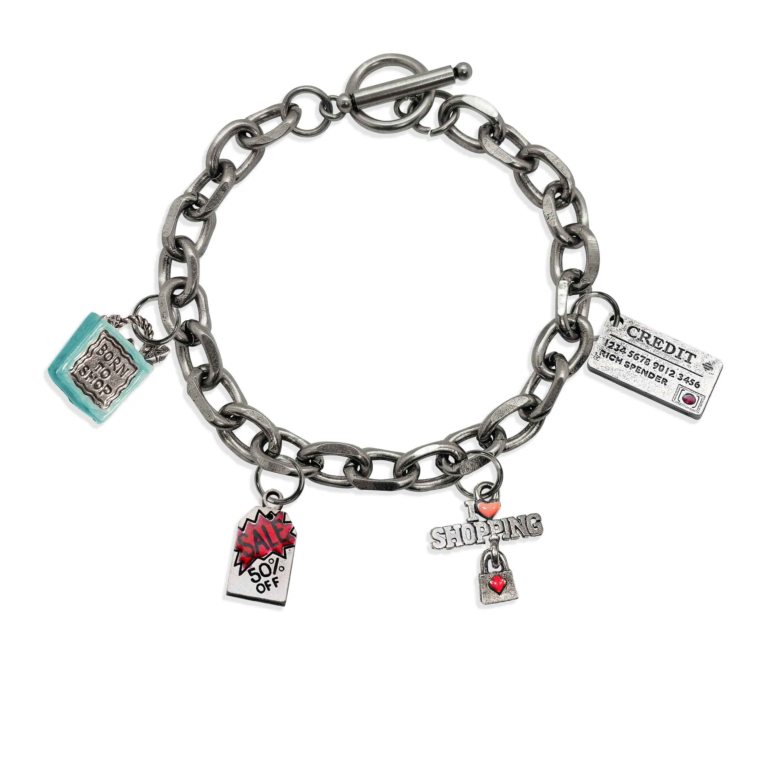 Bargain Hunter Toggle Charm Bracelet | 4 Handpainted Charms | Antique Gold or Antique Silver Finish