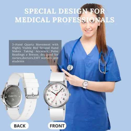 CakCity Nurse Watch for Medical Professionals, Students,Doctors, Women Men, 38mm Watch, Easy to Read Dial, Second Hand and 24 Hour,Soft and Breathable Silicone Band,Water Resistant