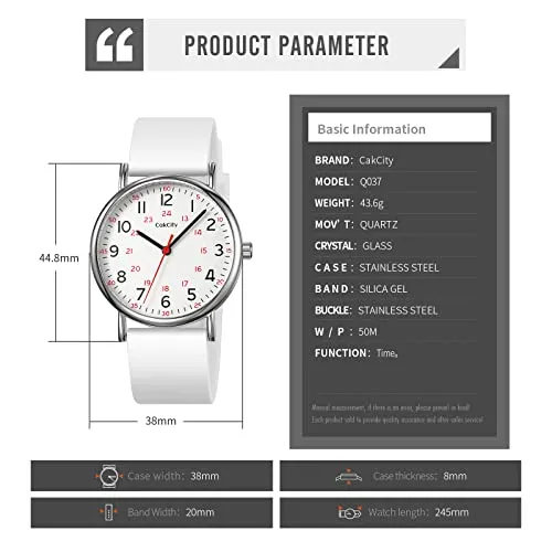 CakCity Nurse Watch for Medical Professionals, Students,Doctors, Women Men, 38mm Watch, Easy to Read Dial, Second Hand and 24 Hour,Soft and Breathable Silicone Band,Water Resistant