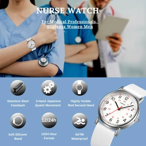 CakCity Nurse Watch for Medical Professionals, Students,Doctors, Women Men, 38mm Watch, Easy to Read Dial, Second Hand and 24 Hour,Soft and Breathable Silicone Band,Water Resistant