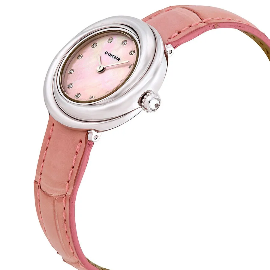 Cartier Trinity Pink Mother of Pearl Diamond Dial 18Kt White Gold Patent Leather Ladies Watch WG200846