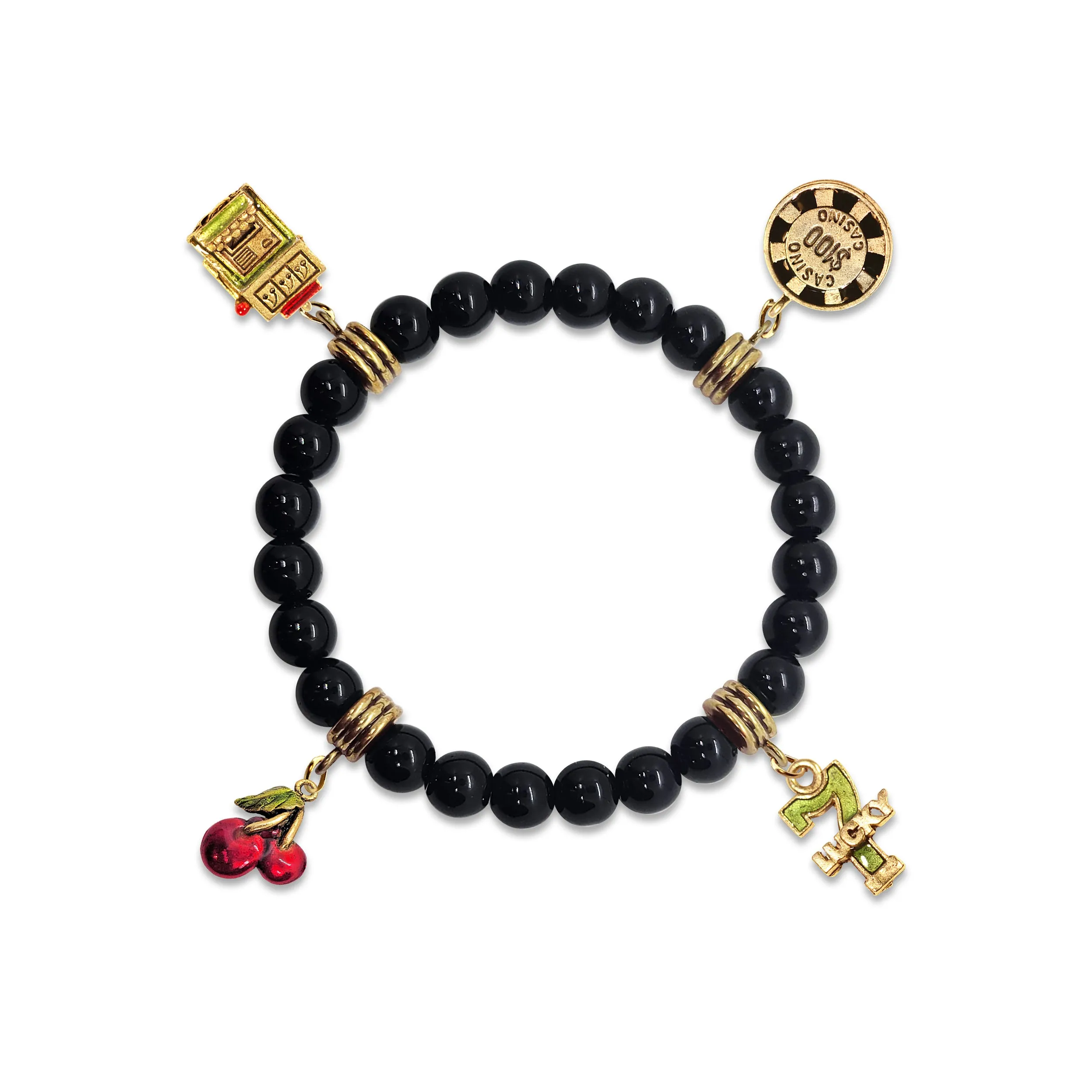 Casino Slots Genuine Onyx Charm Bracelet | Handmade in USA | 4 Hand-Painted Charms