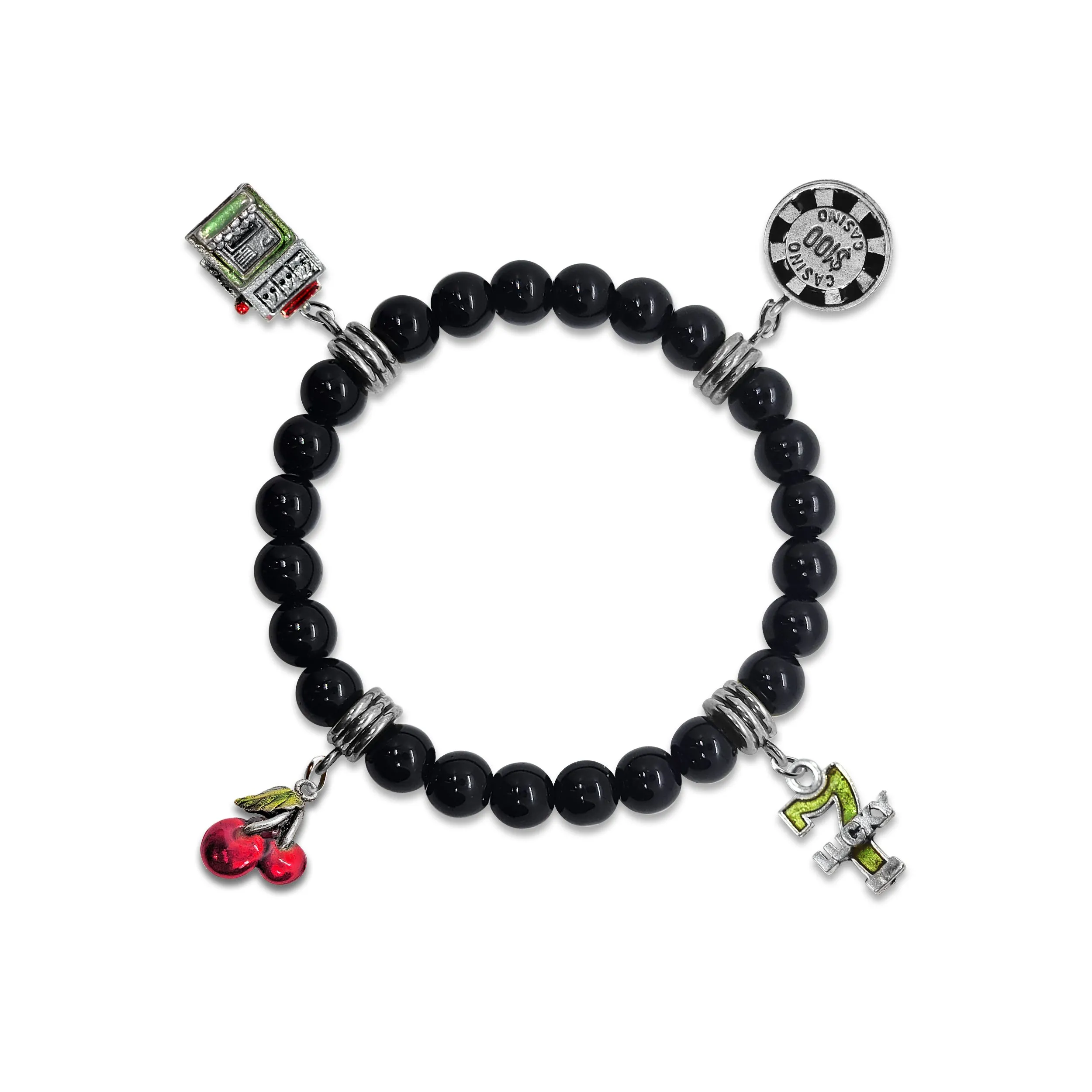 Casino Slots Genuine Onyx Charm Bracelet | Handmade in USA | 4 Hand-Painted Charms