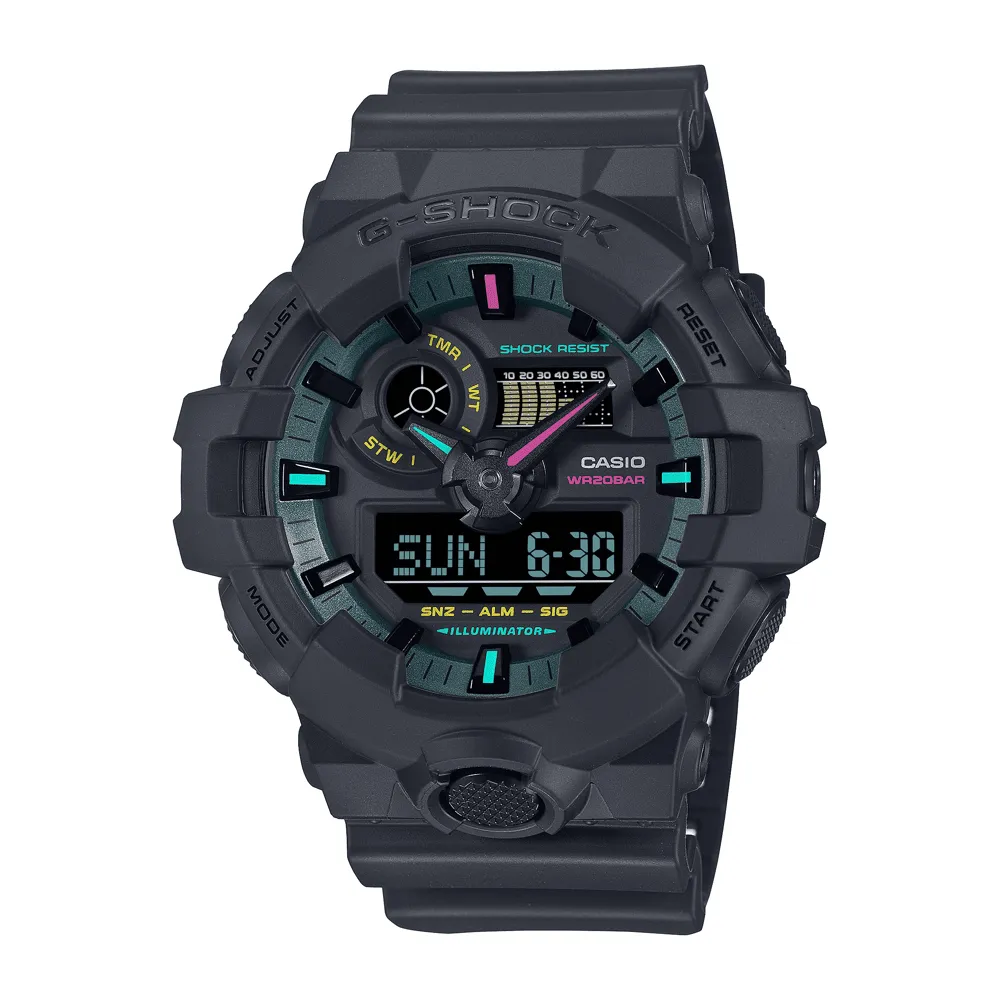 Casio G Shock Duo Multi-Fluro S/Watch Alarm 200MBlack Face And Resin Band GA700MF-1A