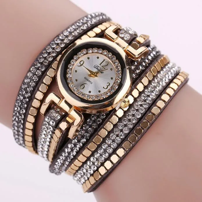 Chic Leather Blocks Decorated Diamond Bracelet Ladies Fashion Watches