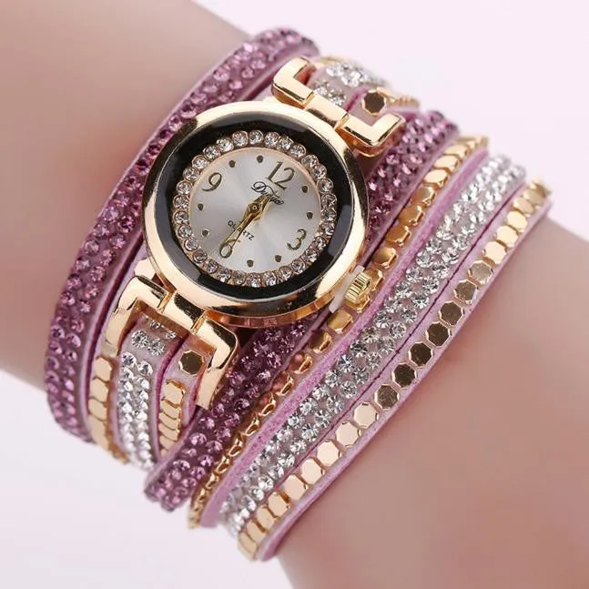 Chic Leather Blocks Decorated Diamond Bracelet Ladies Fashion Watches