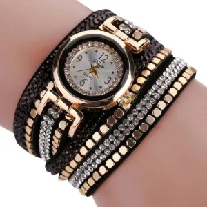 Chic Leather Blocks Decorated Diamond Bracelet Ladies Fashion Watches