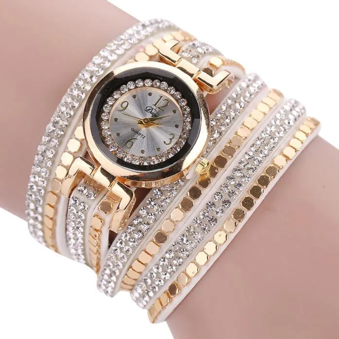 Chic Leather Blocks Decorated Diamond Bracelet Ladies Fashion Watches