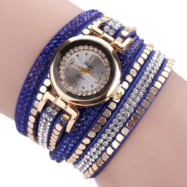 Chic Leather Blocks Decorated Diamond Bracelet Ladies Fashion Watches
