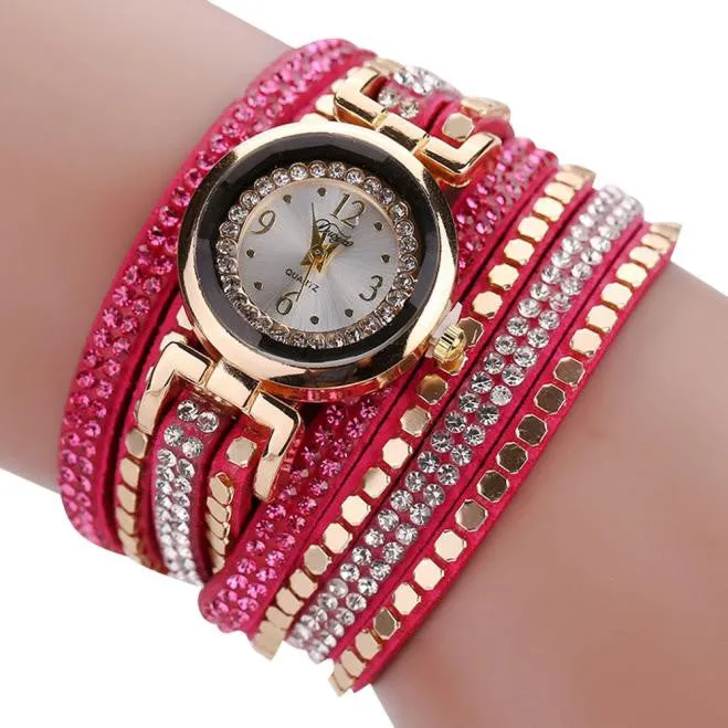 Chic Leather Blocks Decorated Diamond Bracelet Ladies Fashion Watches