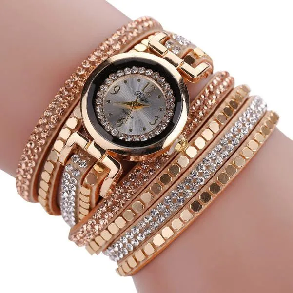 Chic Leather Blocks Decorated Diamond Bracelet Ladies Fashion Watches