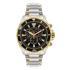 Citizen Eco-Drive Mens Chronograph Two-Tone Bracelet Band Black Quartz Dial Watch - AT2434-54E