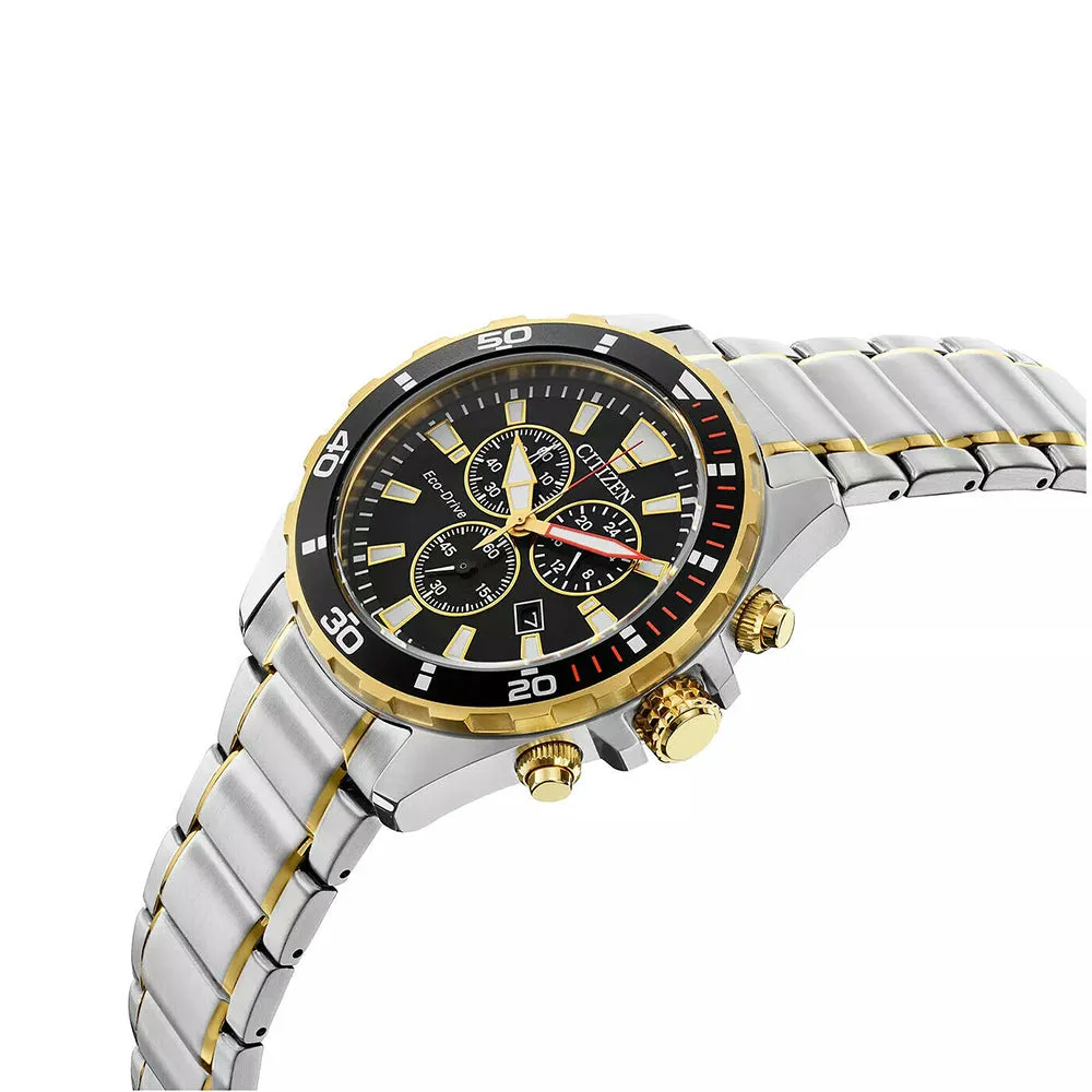 Citizen Eco-Drive Mens Chronograph Two-Tone Bracelet Band Black Quartz Dial Watch - AT2434-54E