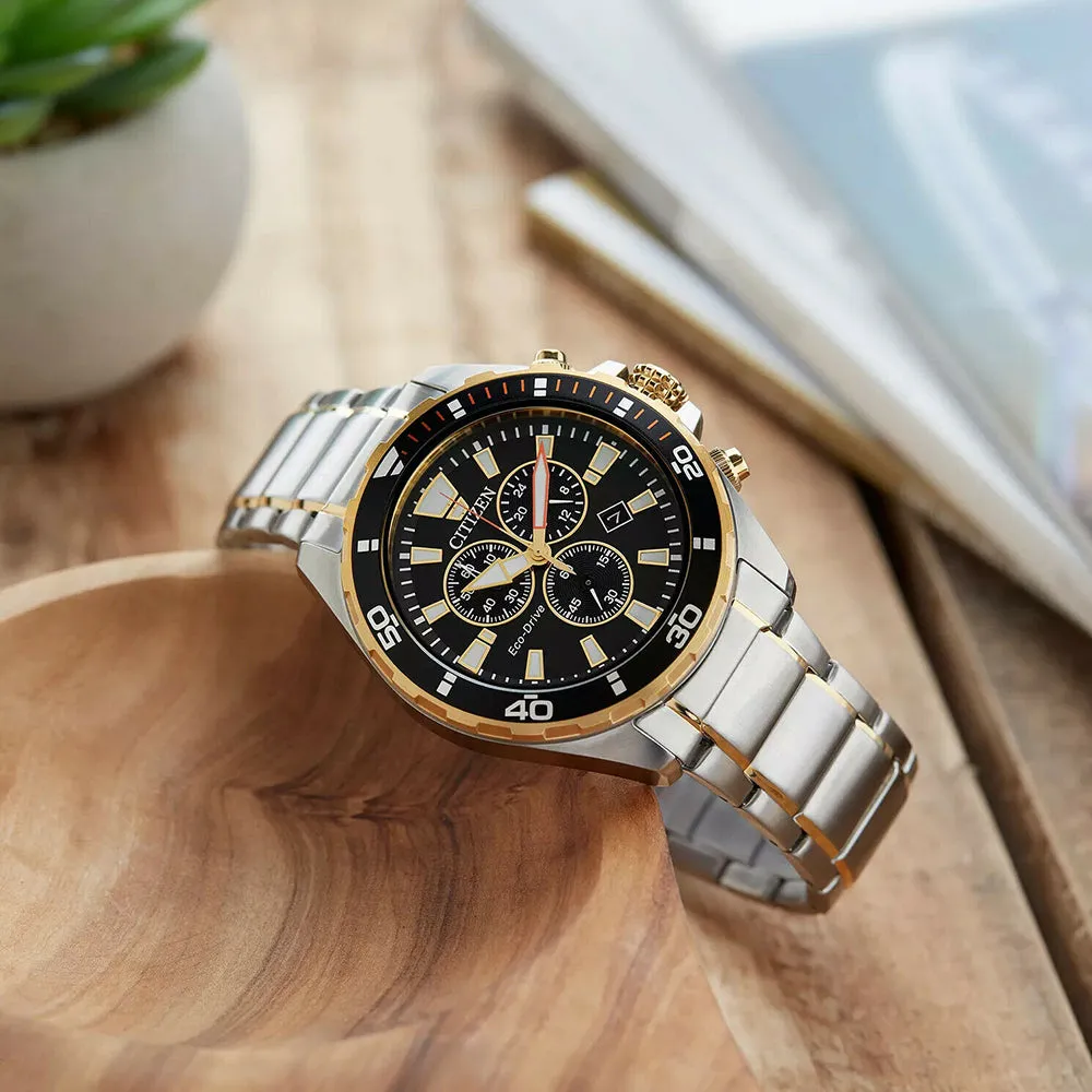 Citizen Eco-Drive Mens Chronograph Two-Tone Bracelet Band Black Quartz Dial Watch - AT2434-54E