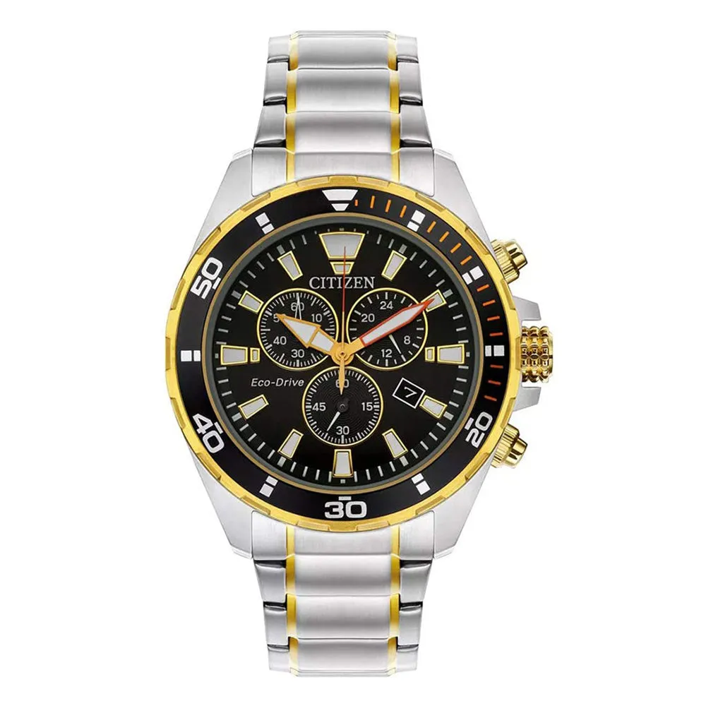 Citizen Eco-Drive Mens Chronograph Two-Tone Bracelet Band Black Quartz Dial Watch - AT2434-54E