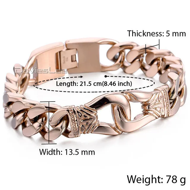 Davieslee Gold-color Knot Charm Mens Wristband Braided 316L Stainless Steel Black Genuine Leather Bracelet DLHBM60