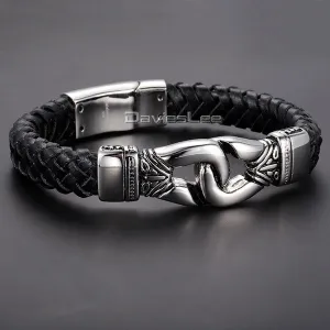 Davieslee Gold-color Knot Charm Mens Wristband Braided 316L Stainless Steel Black Genuine Leather Bracelet DLHBM60