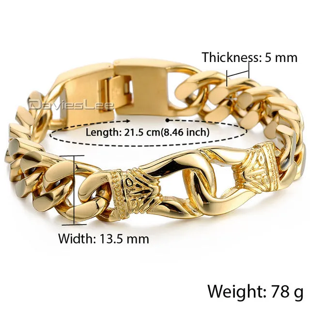 Davieslee Gold-color Knot Charm Mens Wristband Braided 316L Stainless Steel Black Genuine Leather Bracelet DLHBM60