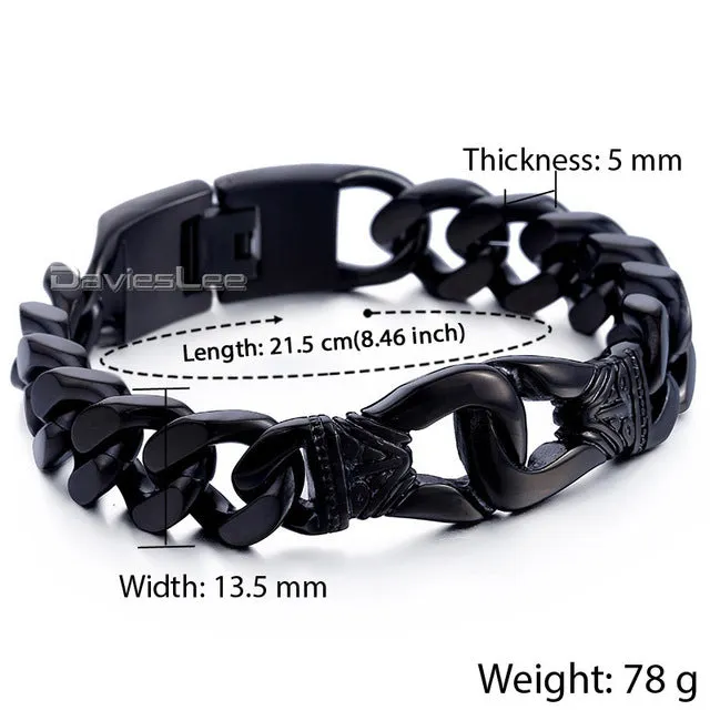 Davieslee Gold-color Knot Charm Mens Wristband Braided 316L Stainless Steel Black Genuine Leather Bracelet DLHBM60