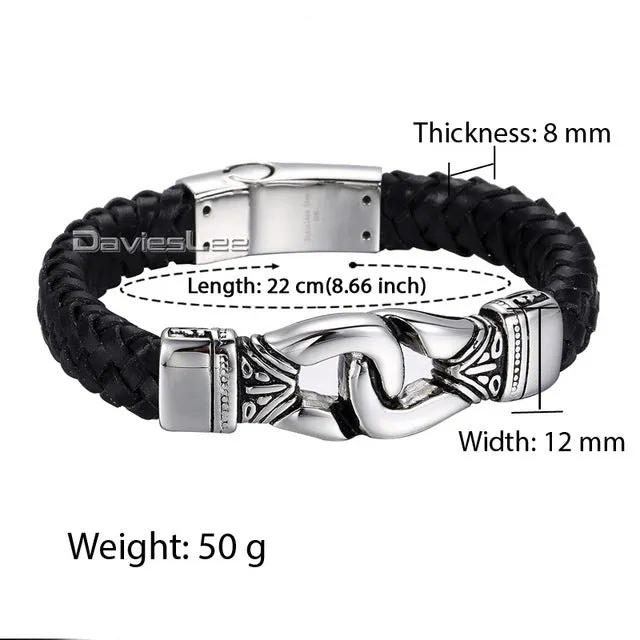 Davieslee Gold-color Knot Charm Mens Wristband Braided 316L Stainless Steel Black Genuine Leather Bracelet DLHBM60