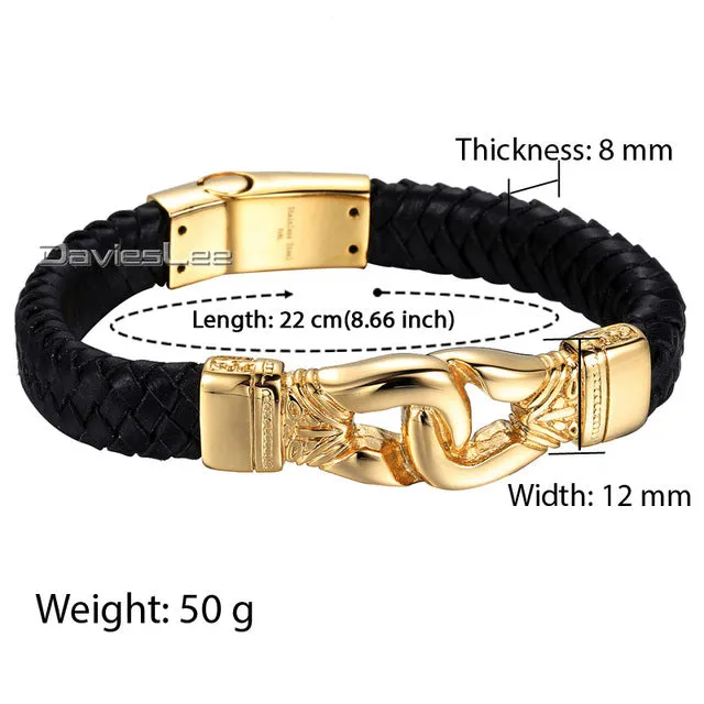 Davieslee Gold-color Knot Charm Mens Wristband Braided 316L Stainless Steel Black Genuine Leather Bracelet DLHBM60