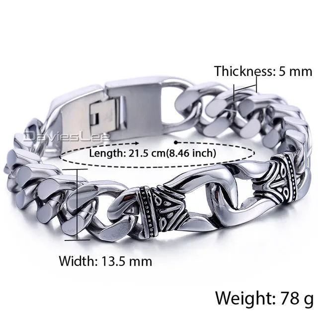 Davieslee Gold-color Knot Charm Mens Wristband Braided 316L Stainless Steel Black Genuine Leather Bracelet DLHBM60