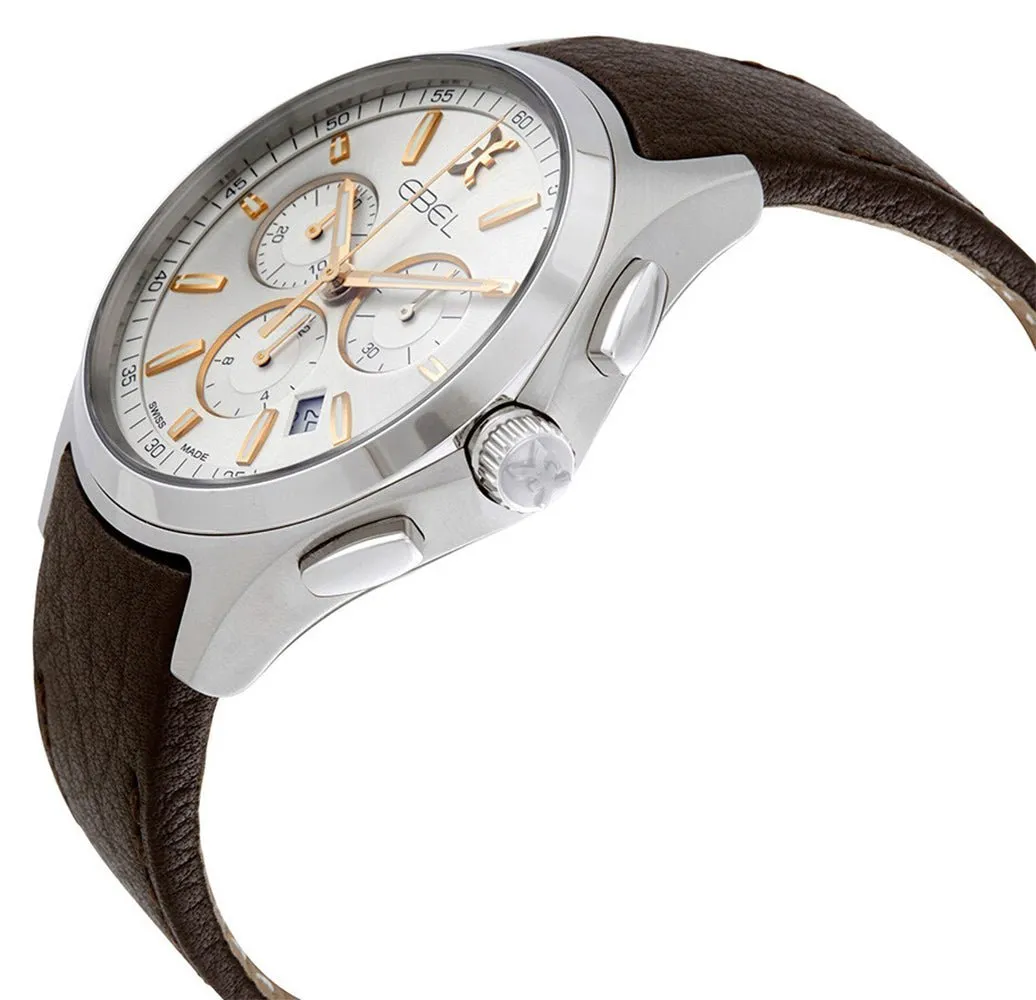 Ebel Wave Chronograph Stainless Steel Brown Leather Strap Silver Dial Date Quartz Mens Watch 1216341