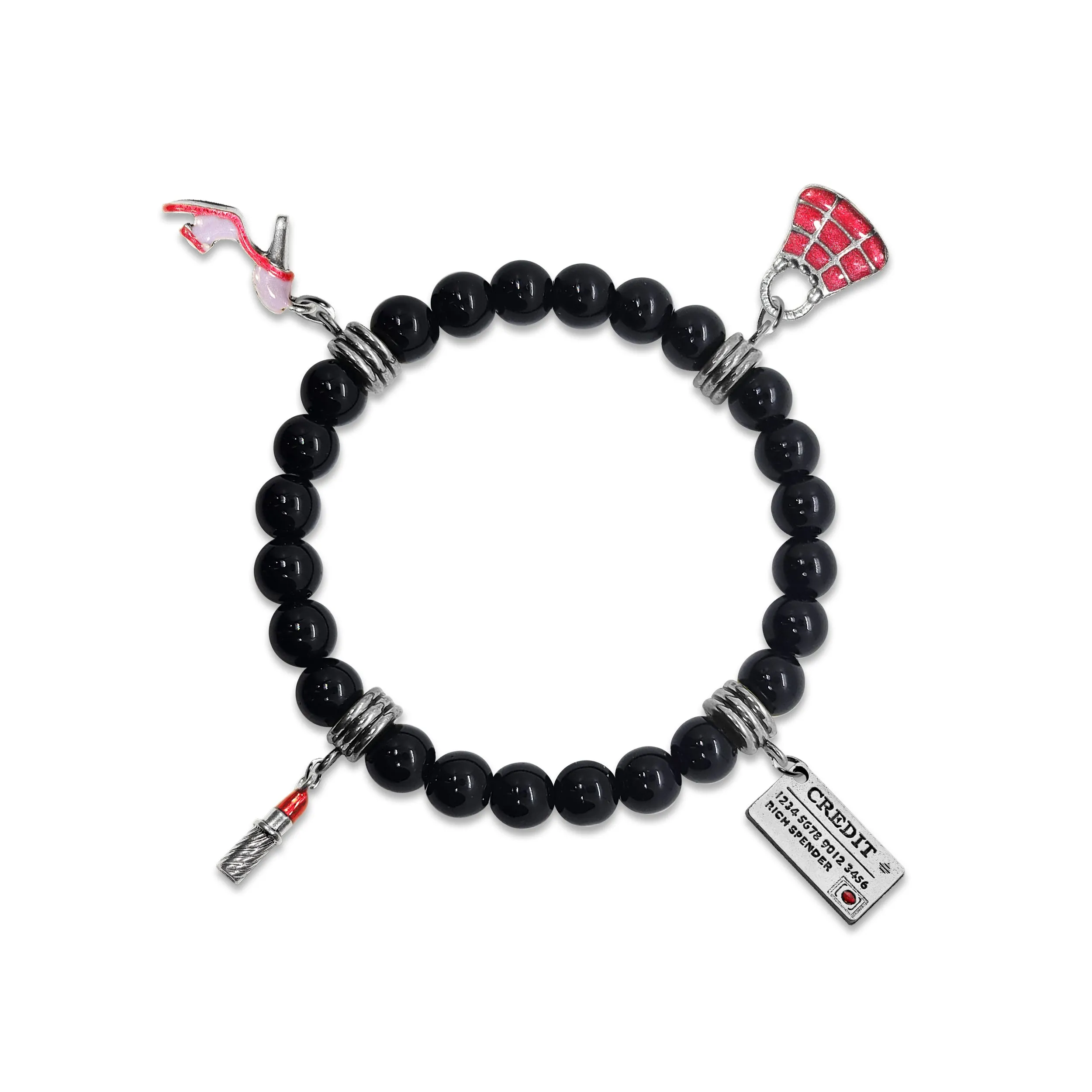 Fashionista Genuine Onyx Charm Bracelet | Handmade in USA | 4 Hand-Painted Charms
