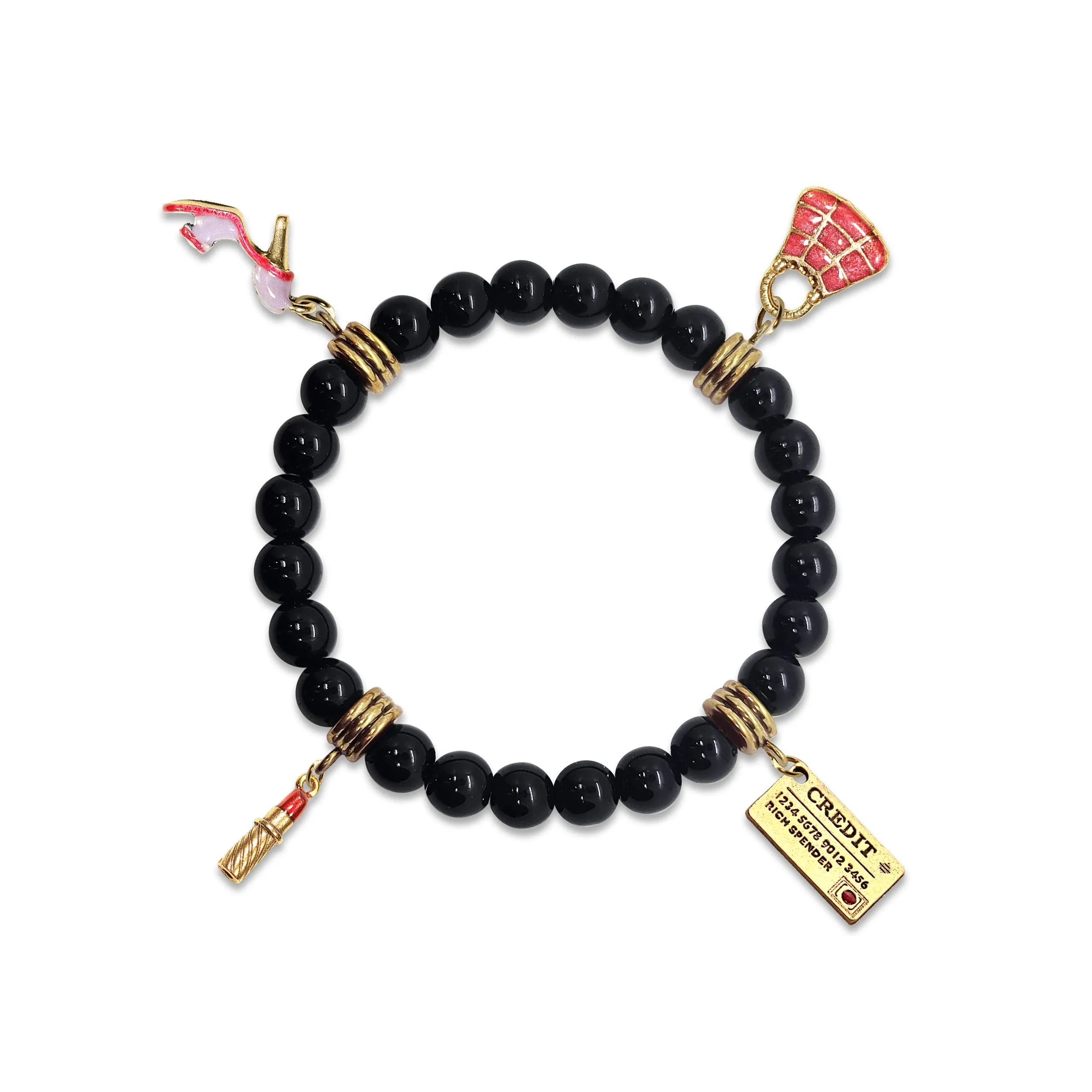 Fashionista Genuine Onyx Charm Bracelet | Handmade in USA | 4 Hand-Painted Charms