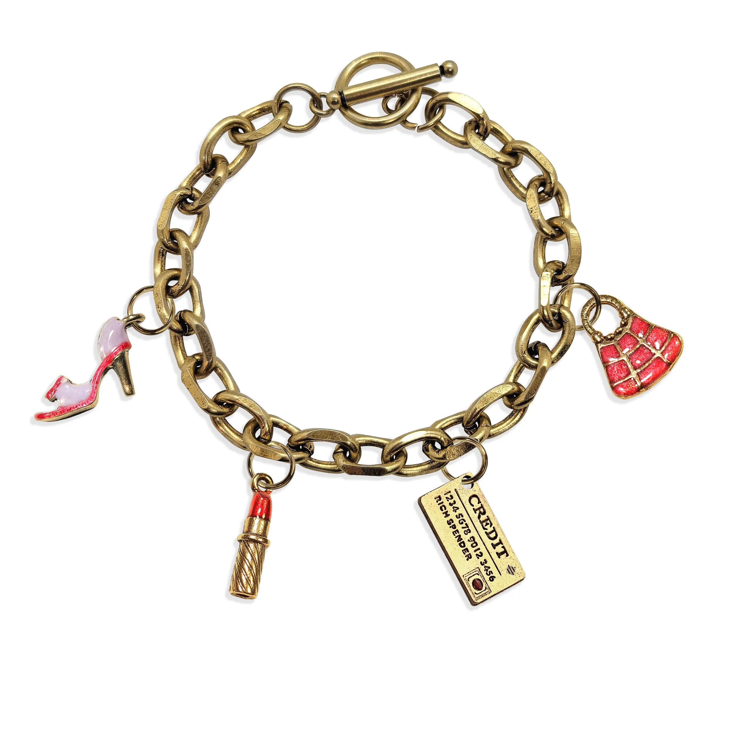 Fashionista Toggle Charm Bracelet | 4 Handpainted Charms | Antique Gold or Antique Silver Finish