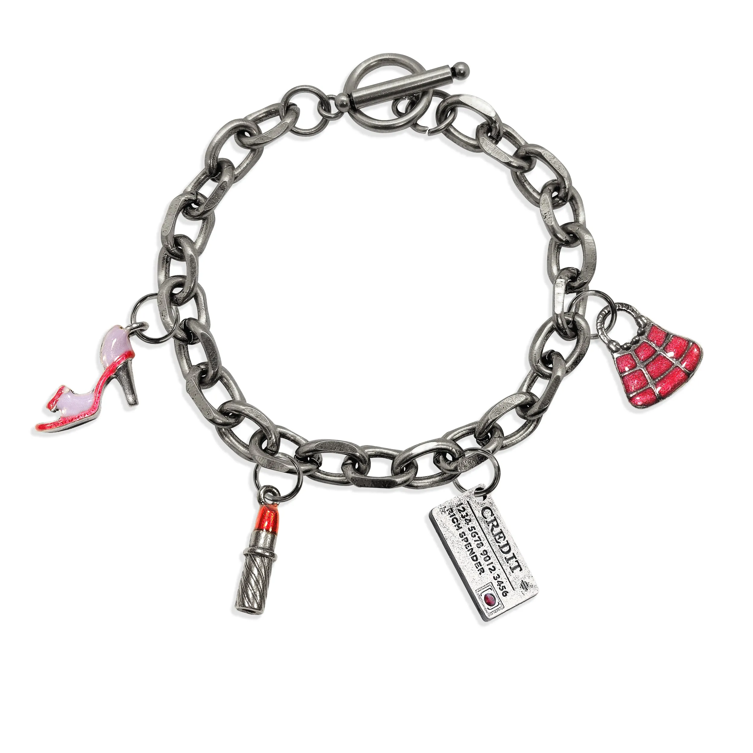 Fashionista Toggle Charm Bracelet | 4 Handpainted Charms | Antique Gold or Antique Silver Finish