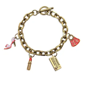 Fashionista Toggle Charm Bracelet | 4 Handpainted Charms | Antique Gold or Antique Silver Finish