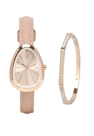 Fiona Rose Gold Leather Analog Watches with Bangle Set (Nude)