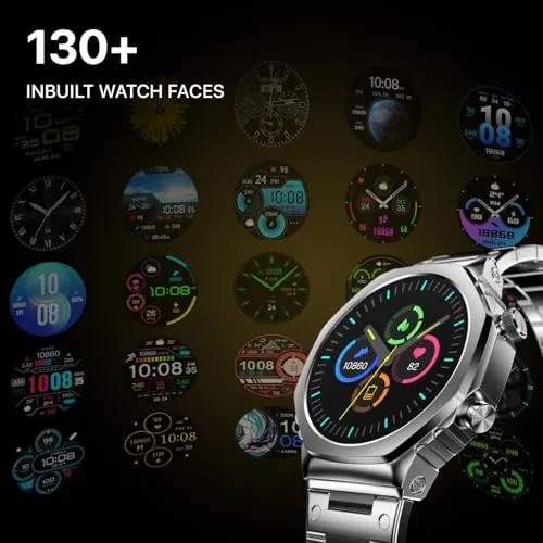 Fire-Boltt Onyx- 36.3mm AMOLED Always On Display Smart Watch, 466 * 466 High Resolution, Bluetooth Calling, Steel Design, IP67, 4GB Storage, 300  Sports Modes, 130  Watch Faces (Silver)